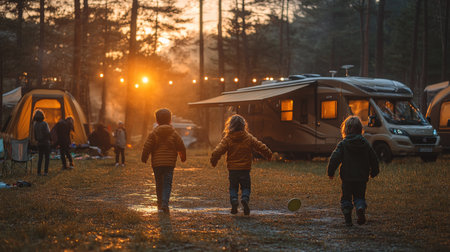 Children play outside their campers during a cozy sunset at a family camping site in the woods on a warm autumn evening. Generative AIの素材
