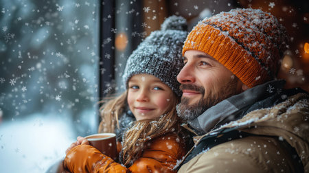A father and daughter enjoying hot cocoa by the window while snow falls gently outside during a winter day in the mountains. Generative AIの素材