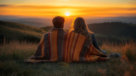 Couple enjoying a colorful sunset on a grassy hilltop, wrapped in a blanket during a cool evening in nature. Generative AIの素材