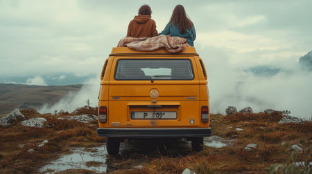 A couple enjoys a cozy moment atop their yellow van overlooking misty mountains at sunrise in an outdoor setting. Generative AIの素材