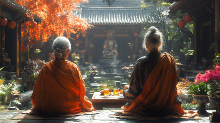 Two monks enjoying tea and tranquility in a serene monastery garden surrounded by vibrant autumn foliage. Generative AIの素材