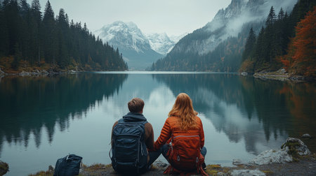 A couple sits together by a serene lake surrounded by mountains and autumn foliage during a cloudy day. Generative AIの素材