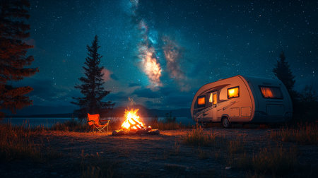 A cozy campsite under a starry night sky featuring a glowing campfire and a camper trailer by a serene lake in nature. Generative AIの素材