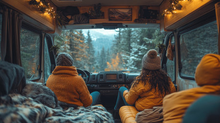 Cozy winter van life adventure in a snowy forest with friends enjoying the scenic view and warmth of the interior. Generative AIの素材