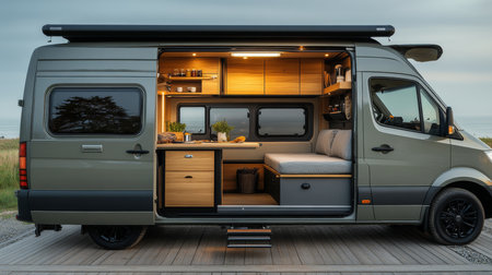 Cozy camper van interior featuring a modern kitchen and living area at sunset by the beach. Generative AIの素材