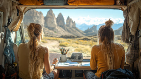 Two women enjoying breathtaking mountain views from a campervan with sketches and art supplies during a sunny day. Generative AIの素材