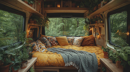 Cozy van interior with warm bedding, plants, and natural light in a serene forest setting during late afternoon. Generative AIの素材