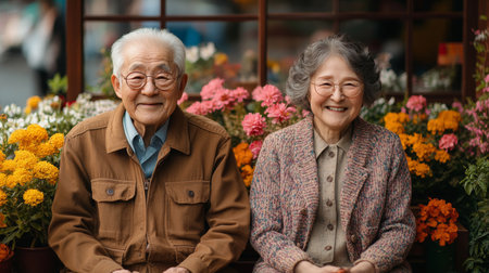 Elderly couple enjoying a sunny day amidst colorful flowers at a local market in the afternoon light. Generative AIの素材