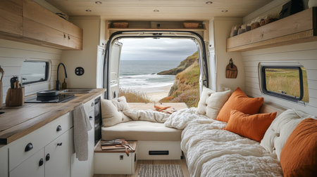Cozy van interior with ocean view showcasing relaxation and comfort in a coastal setting during a tranquil day. Generative AIの素材