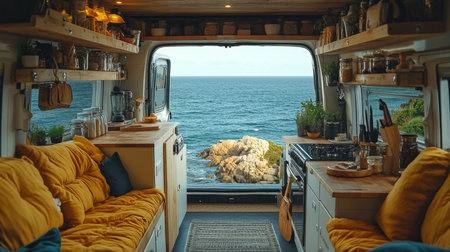 Cozy van interior with ocean view showcasing a relaxing space and beautiful landscape on a sunny day by the coast. Generative AIの素材