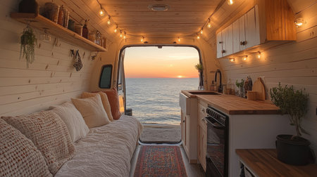 Cozy van interior with ocean view at sunset, featuring a warm atmosphere and rustic decor for a perfect getaway. Generative AIの素材