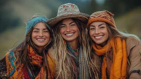 Three women with lively smiles in colorful knitwear and hats against a scenic mountainous backdrop during the day. Generative AIの素材