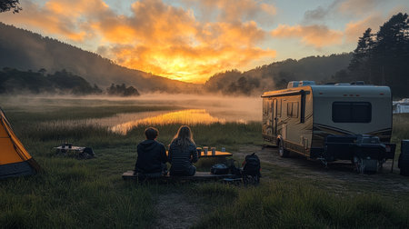 Two campers enjoying a peaceful sunset by the lake with mist rising and a recreational vehicle nearby in the serene wilderness. Generative AIの素材