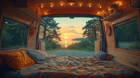 Cozy van interior with a view of a sunset over the ocean surrounded by trees in a serene outdoor setting. Generative AIの素材