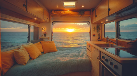 Cozy interior of a van with a beautiful ocean sunset view from the window in a serene outdoor setting. Generative AIの素材