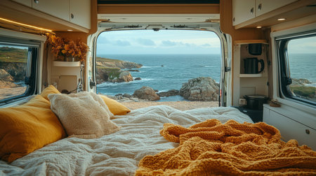 Cozy camper van interior with a stunning ocean view at sunrise near a rocky coastline. Generative AIの素材