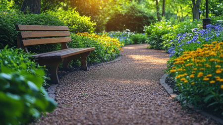 A tranquil garden path with vibrant flowers and a wooden bench in a serene setting during golden hour. Generative AIの素材