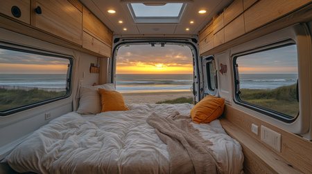Cozy van interior with a bed overlooking a stunning sunset at the beach, creating a perfect getaway atmosphere. Generative AIの素材