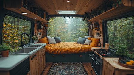 Cozy van interior with warm colors, plants, and ample natural light in a serene forest setting during autumn. Generative AIの素材
