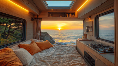 Cozy van interior with sunset view over the ocean, showcasing comfort and scenic beauty at the coastline. Generative AIの素材