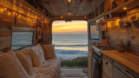 Cozy van interior by the ocean at sunset with warm lighting and scenic views. Generative AIの素材