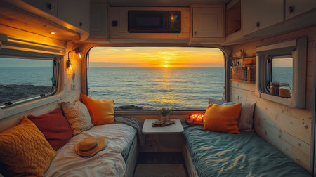 Cozy van interior with ocean view and sunset illumination at coastal location during golden hour evening. Generative AIの素材