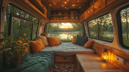 Cozy camper interior with sunset view over tranquil lake, featuring comfortable seating and warm lighting for evening relaxation. Generative AIの素材