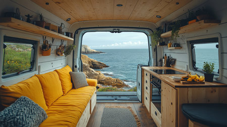 Cozy van interior with a stunning coastal view overlooking the ocean on a calm day. Generative AIの素材