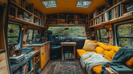 Cozy interior of a van transformed into a livable space surrounded by greenery in a serene forest setting. Generative AIの素材