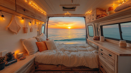 Cozy van interior at sunset by the beach with ocean views and warm lighting creating a tranquil atmosphere. Generative AIの素材