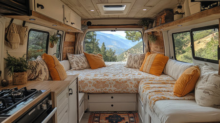 Cozy van interior with mountain views, featuring a comfortable seating area and kitchenette for a relaxing getaway. Generative AIの素材
