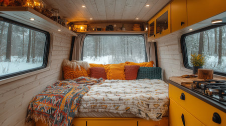 Cozy van interior with a vibrant bed and snowy forest view during winter in a serene landscape. Generative AIの素材