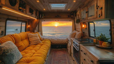 Cozy van interior with sunset view over the ocean, designed for comfort and relaxation in a serene coastal setting. Generative AIの素材