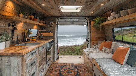 Cozy van interior with rustic wood design, kitchen setup, and ocean view from the doorway during a cloudy afternoon. Generative AIの素材