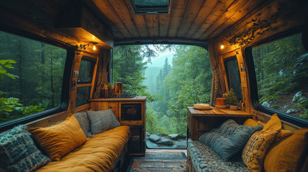Cozy van interior in a tranquil forest setting during early morning light, showcasing a serene and inviting atmosphere. Generative AIの素材