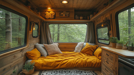 Cozy interior of a camper van featuring a warm yellow bedspread surrounded by forest views on a peaceful day. Generative AIの素材