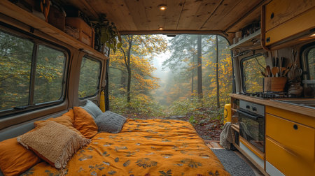Cozy van interior featuring a yellow bedspread amidst a tranquil forest scene with autumn foliage and morning fog. Generative AIの素材