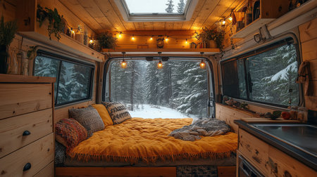 Cozy and inviting interior of a van nestled in a snowy forest landscape during winter evenings. Generative AIの素材