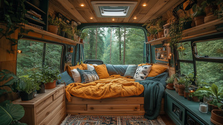 Cozy van interior featuring lush greenery, warm textiles, and a scenic forest backdrop, creating a peaceful retreat. Generative AIの素材