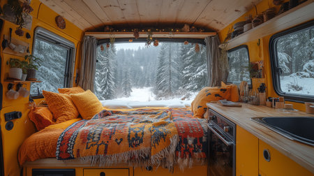 Cozy yellow camper interior with colorful bedding and snowy forest view during winter. Generative AIの素材