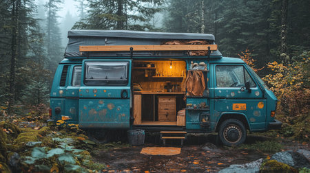 Cozy vintage camper parked in a misty forest surrounded by tall trees and autumn foliage during a tranquil morning. Generative AIの素材