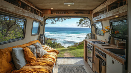 Cozy van interior overlooking scenic ocean view with a relaxing vibe, perfect for a weekend getaway in nature. Generative AIの素材