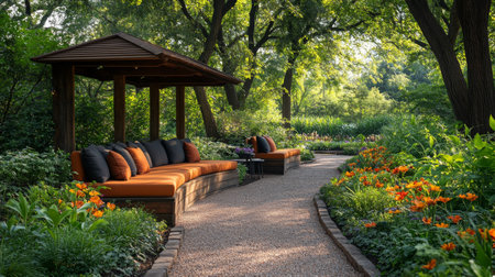 Cozy outdoor seating area surrounded by vibrant flowers and lush greenery in a tranquil garden setting. Generative AIの素材