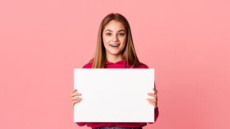 Happy smiling teenage girl holding white sheet of paper in hands with empty spaceの写真素材