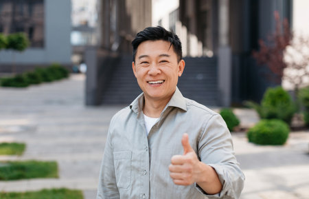 Portrait of positive asian man standing outdoors and gesturing thumb up, walking in urban city area, copy spaceの写真素材
