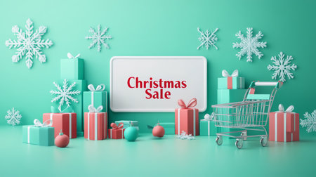 A shopping cart sits in front of presents and a sign that reads Christmas Saleの素材