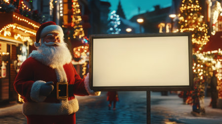 Cheerful Santa Claus smiles by a blank sign on a festive, lit street during Christmasの素材