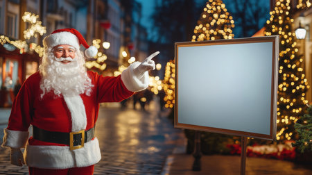 Santa Claus pointing at a blank sign in a festive street decorated with Christmas lightsの素材