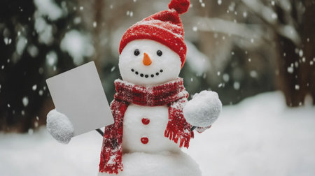 A cheerful snowman holding a blank sign in snowy winter landscape with falling snowflakesの素材