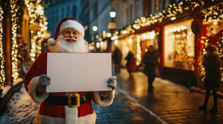 Santa Claus holding blank sign in festive shopping street decorated with Christmas lightsの素材